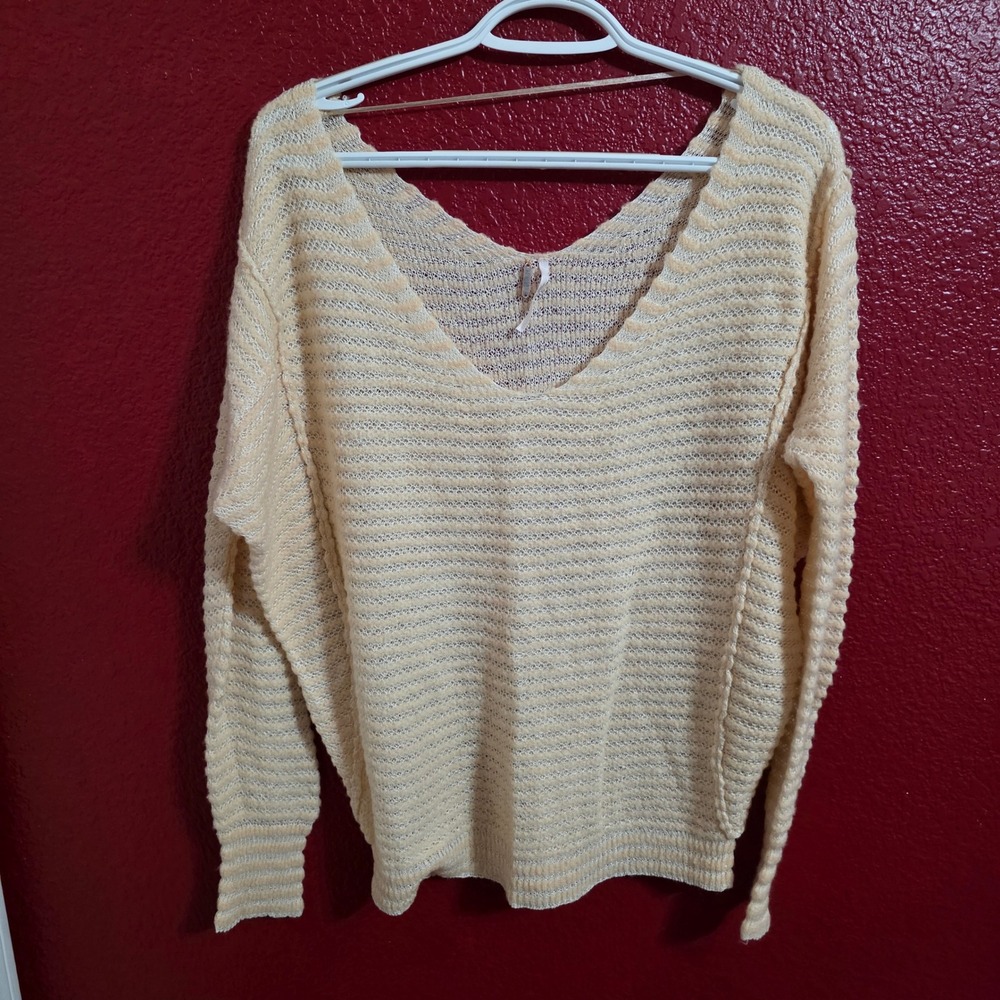 Free People Women Cream Yellow Linen Wool Blend V-Neck Knit Sweater Small